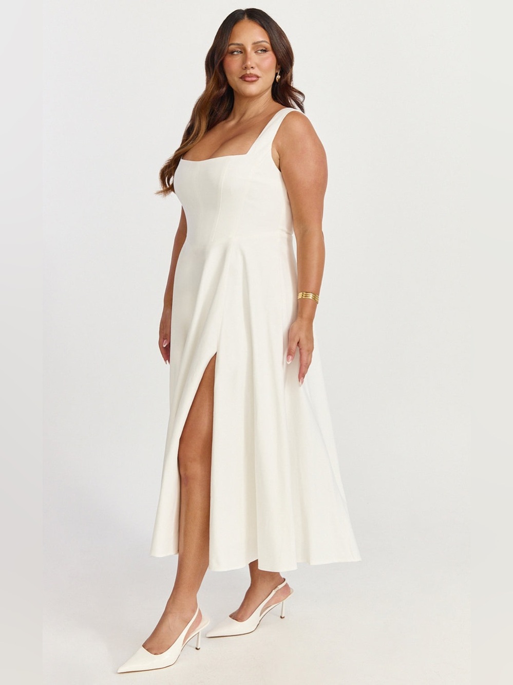 SHOWPO Bernie Square Neck Strapped Full Circle Skirt Midi Dress In White - Picture 8 of 9